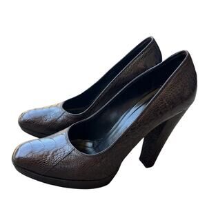 Gucci Leather Crocodile Embossed Thick Heel Pumps Cocoa Timeless Classic 8.5